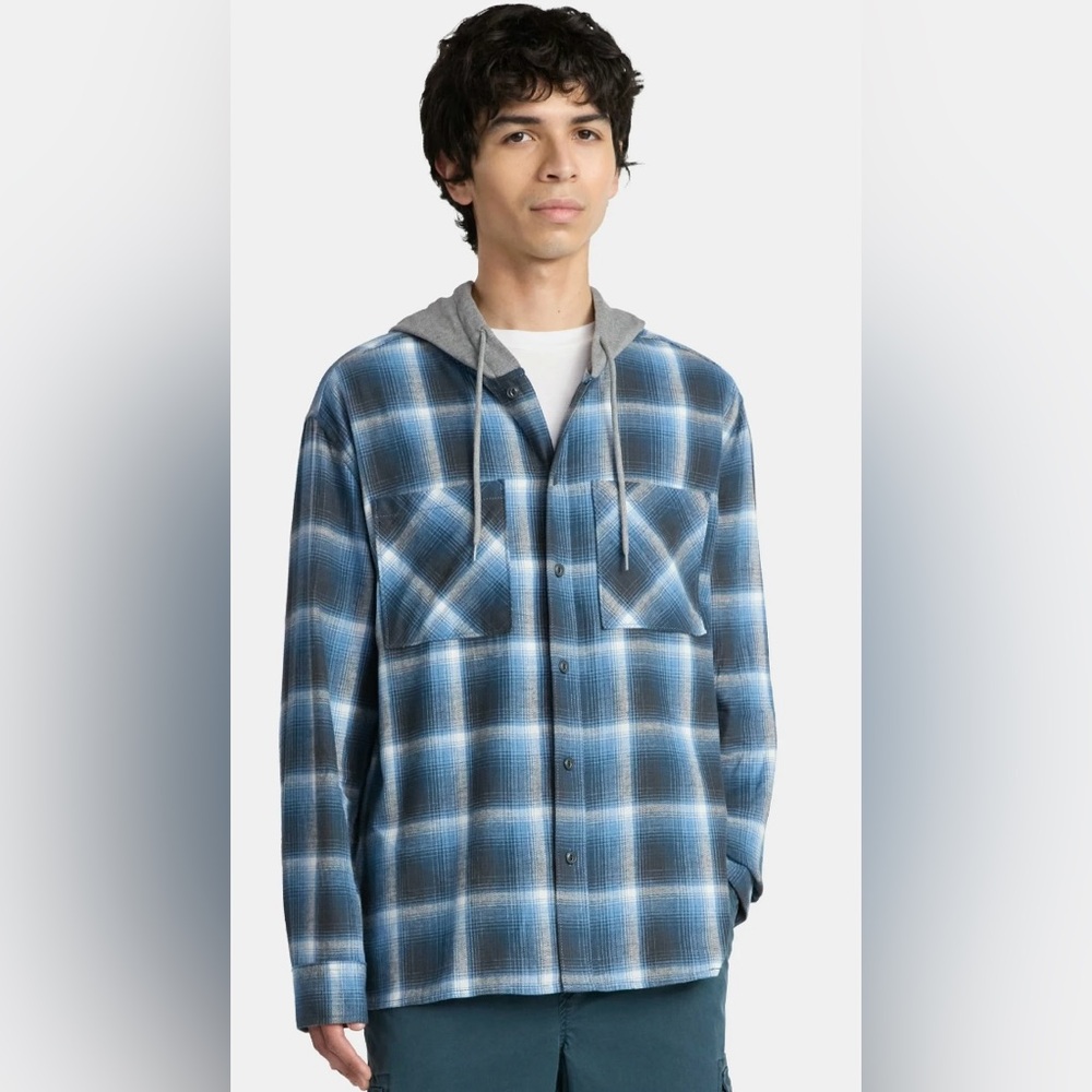 No Boundaries Hooded Flannel Shirt Blue Plaid Oversized Cotton Mens Small NWT